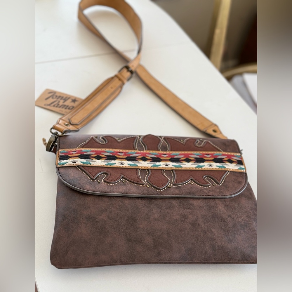 SOLD (elsewhere) Tony Lama Brown Crossbody Bag with Patterned Flap